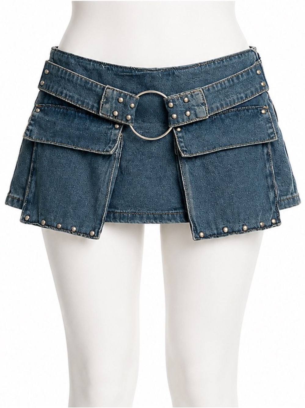 Size 7/27 Indigo Rein Women’s Y2K Denim Skort Studded O-Ring Belt Cargo NWT